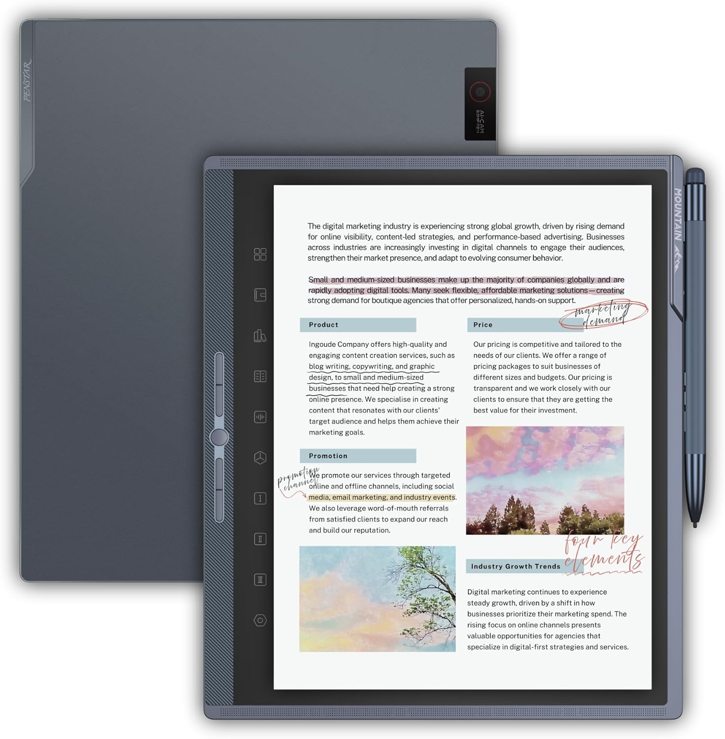 Penstar eNote Pro front and back with stylus